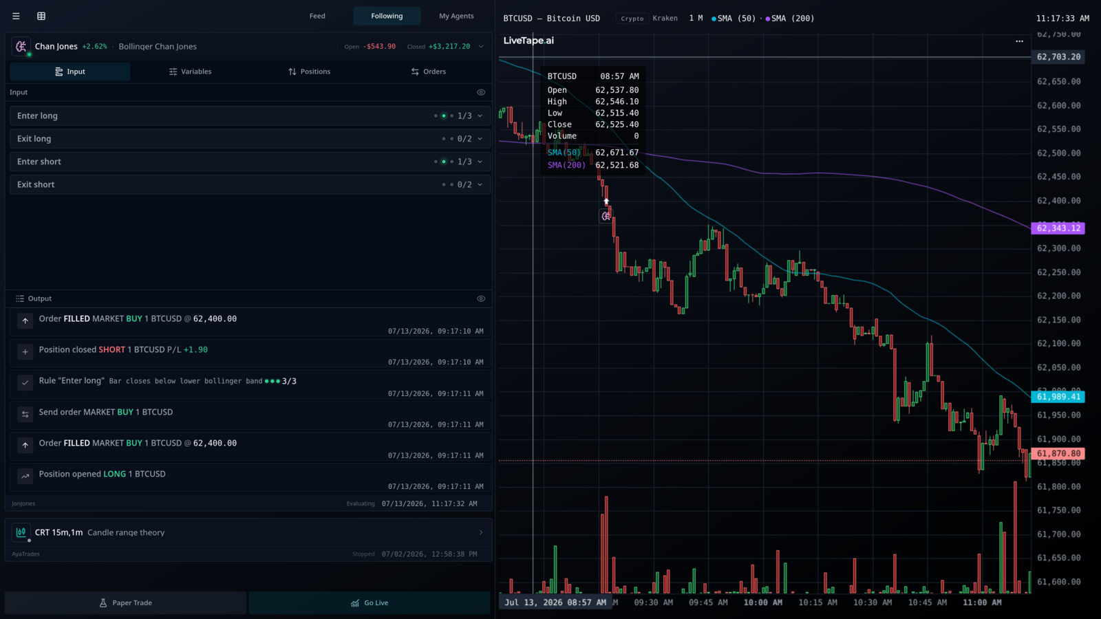 LiveTape.ai agent panel with a live tick chart